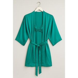 Vintage 90's 100% Silk Victoria's Secret Teal Green Kimono Robe & Bralette Set